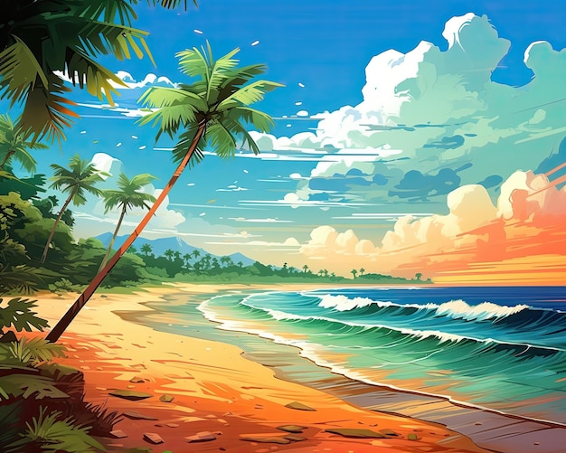 A praia tem palmeiras, água azul e clima ensolarado Generative AI