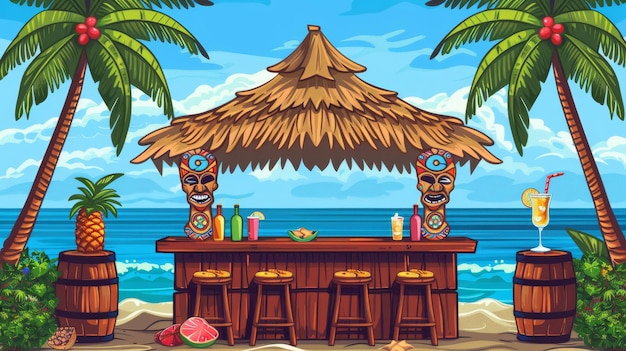 Foto a praia tem um bar tiki tropical uma cabana de madeira com máscaras tribais bebidas e lanches paisagem tropical com palmeiras e um café com coquetéis