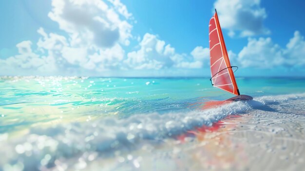 Foto a prancha de windsurf vermelha na praia com o oceano turquesa e o céu azul com nuvens ao fundo