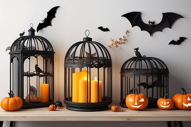 A prateleira branca é festivamente decorada com uma gaiola de morcegos e aranhas decoração interior moderna para o Halloween