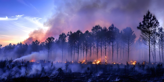 Foto a preocupação ambiental global o incêndio florestal devasta acres de pinheiros durante a estação seca conceito prevenção de incêndios florestais conservação florestal efeitos da mudança climática gestão sustentável da terra