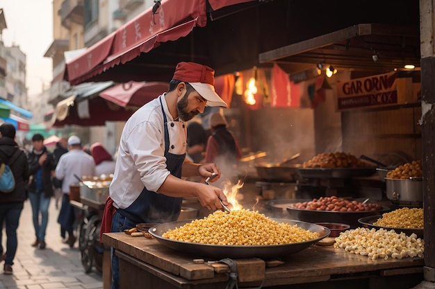 A preparação de comida de rua em grãos de peru em Istambul e castanhas assadas na rua em quiosque