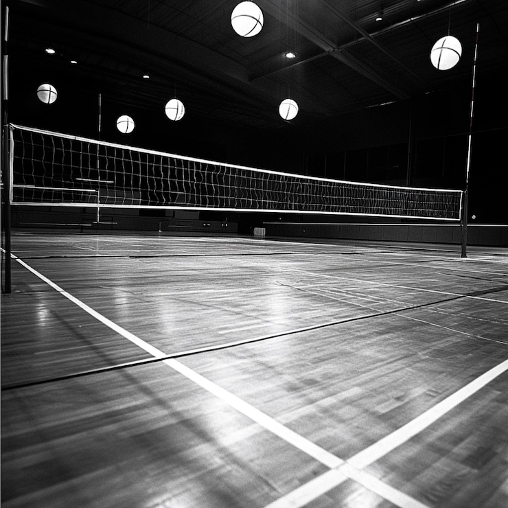 Foto a preparação de um campo de voleibol antes de um torneio com redes a ser colocadas e linhas a ser drenadas