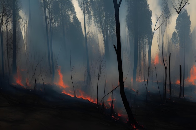 Foto a primavera dispara tiros assustadores queimando árvores e grama