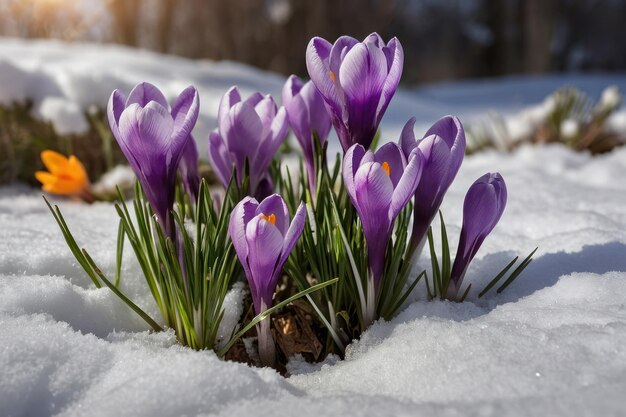 Foto a primavera floresce em meio à neve
