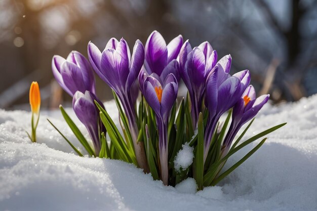 Foto a primavera floresce em meio à neve