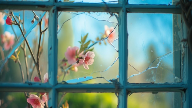 A primavera vista através de uma janela quebrada flores em flor e vegetação fresca esperança em meio à decomposição