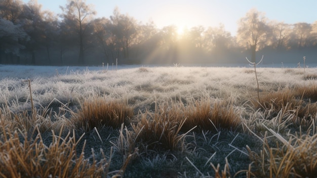 A primeira geada do inverno cobrindo um prado