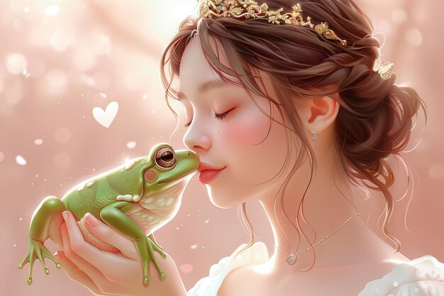 A princesa a beijar o sapo na mão com um coração ao fundo a princesa está a usar um vestido branco e uma tiara ela tem cabelo castanho