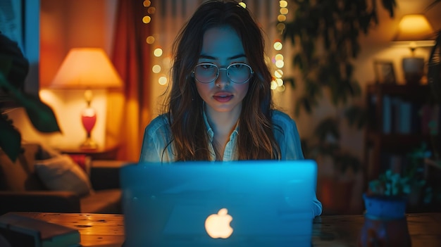 A produtividade de uma jovem empresária a digitar num portátil à noite Generative Ai