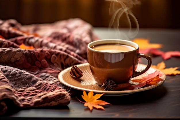 A queda do outono deixa a xícara de café quente e o cachecol quente na mesa de madeira IA generativa