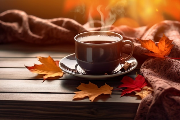 A queda do outono deixa a xícara de café quente e o cachecol quente na mesa de madeira IA generativa