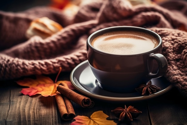 A queda do outono deixa a xícara de café quente e o cachecol quente na mesa de madeira IA generativa