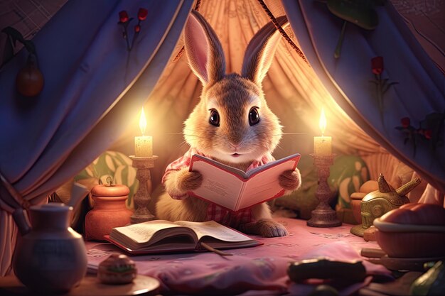 Foto a rabbit reading a book with candles in the background