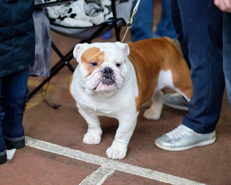 Foto a raça do cão bulldog inglês fica ao lado do proprietário