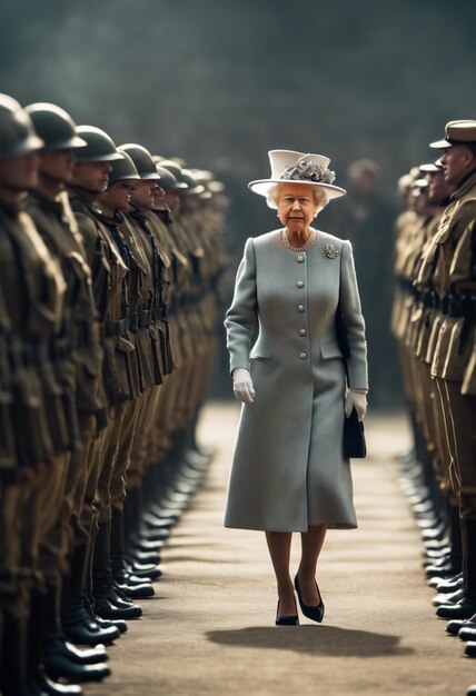 A rainha anda entre os soldados de pé alto.