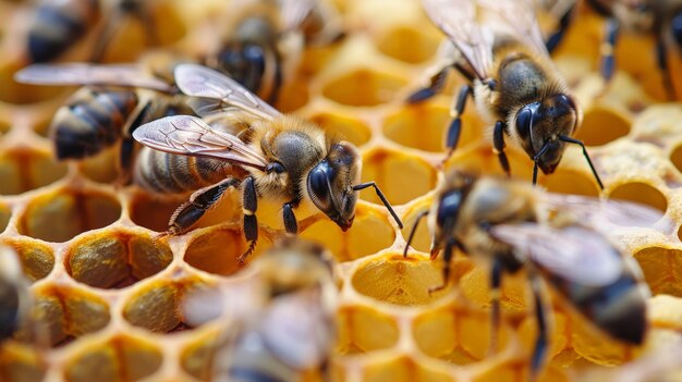 A rainha Apis mellifera marcada com pontos e abelhas trabalhadoras em torno de sua vida de colônia de abelhas