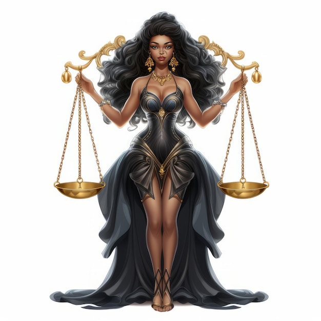 A Rainha Regal da Libra Negra Um desenho animado realista e impressionante com balanças de equilíbrio