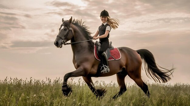 A rapariga anda a cavalo.