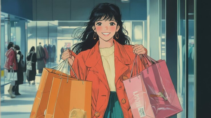 Foto a rapariga com o saco das compras.