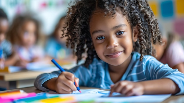 Foto a rapariga da escola está a escrever