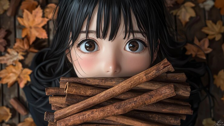 Foto a rapariga do anime a esconder-se atrás dos pauzinhos de canela