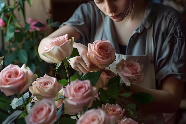 A rapariga é vendedora numa florista Faz um buquê de rosas