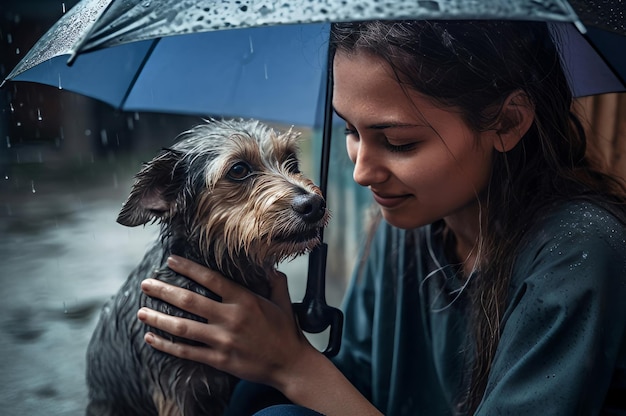 A rapariga está a molhar com a chuva forte com o cão.