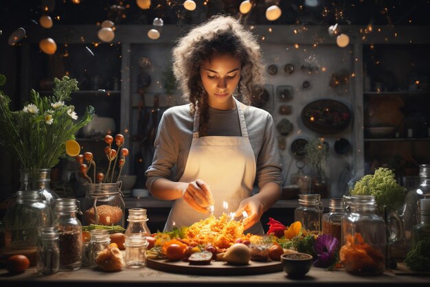 Foto a rapariga faz comida na cozinha.