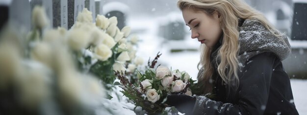 Foto a rapariga leva flores para o cemitério.