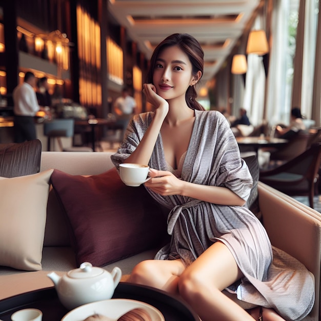 A rapariga passa o tempo livre no hotel a beber café.