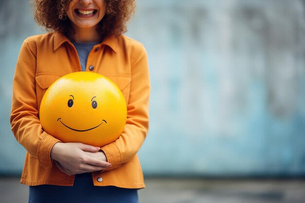 Foto a rapariga tem um smiley nas mãos.