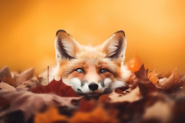 A raposa vermelha corre entre as folhas laranjas de outono na floresta.