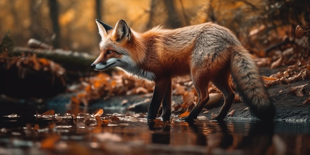 A raposa vermelha junto à poça de água na floresta de outono