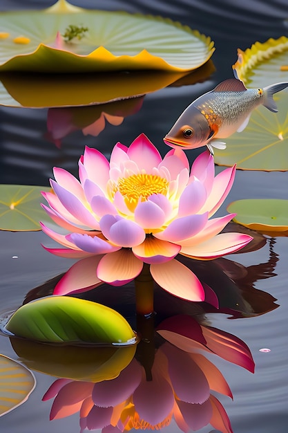 A rara cena de um peixe mordendo pétalas de flor de lótus