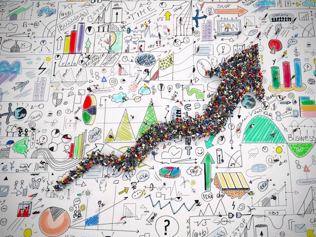 A renderização 3D de pessoas forma uma seta na superfície dos gráficos de análise de negócios