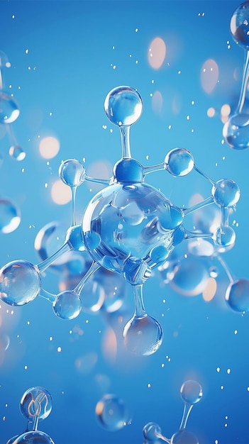 A renderização 3D vívida destaca a molécula química contra um cenário azul cativante Vertical Mobile Wa