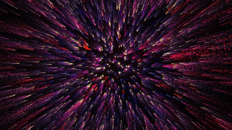 Foto a renderização em 3d de partículas multicoloridas brilhantes preenche o espaço com jatos de energia e luz