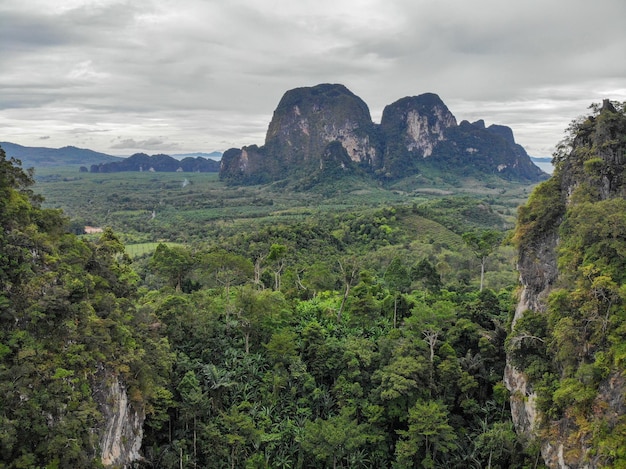 AÉREO: Impresionante vista aérea de las altas montañas cubiertas por el bosque tropical que se eleva sobre el valle vacío en el corazón de una isla exótica.