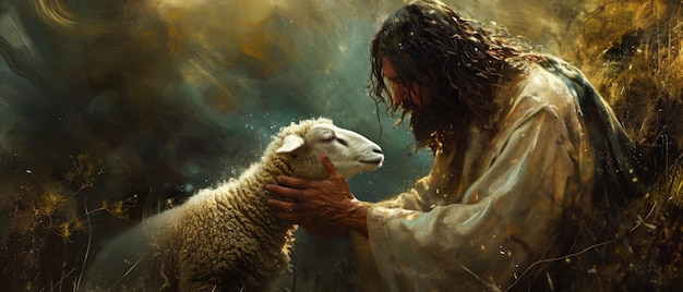 Foto a representação urgente de jesus resgatando um cordeiro perdido em representação simbólica