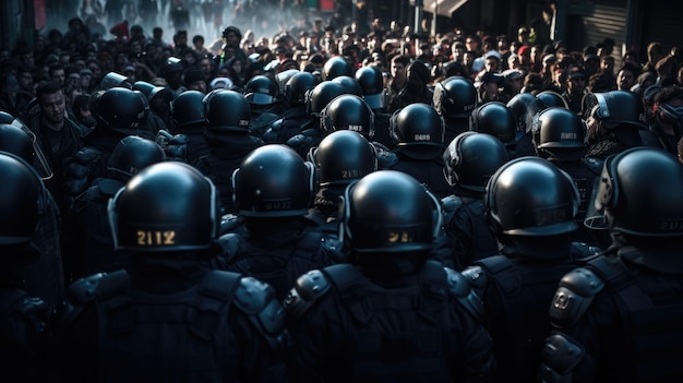 Foto a resiliência estóica da polícia antidisturbios em uma fila enfrentando o escrutínio dos manifestantes