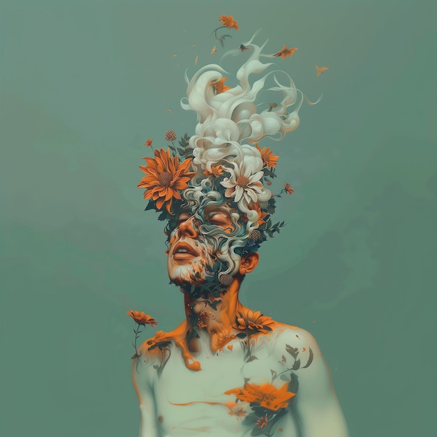 A respiração da natureza Um retrato surrealista de um homem com flores e fumaça entrelaçadas em harmonia