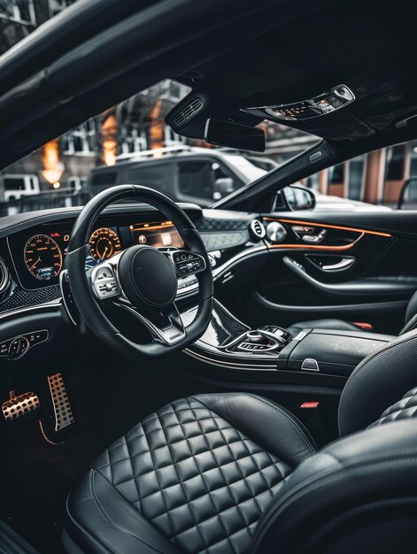 A rica textura dos assentos de couro preto dentro de um carro de luxo é destacada por padrões intrincados e contornos elegantes. O design geral fala de conforto e artesanato de alta qualidade.