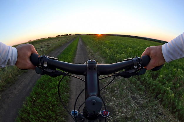 A roda do ciclista closeup no contexto de um campo de trigo à luz do sol