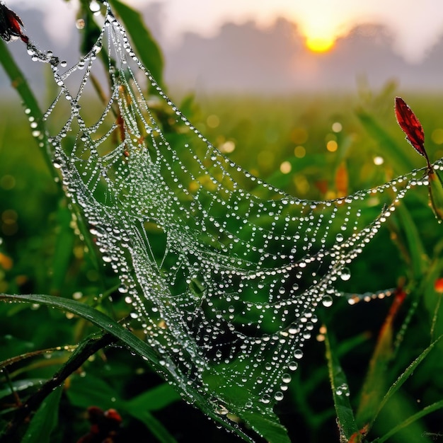 Foto a rosca da teia de aranha cai na grama pela manhã a rosca das teias de aranha cair na grama pelo amanhecer