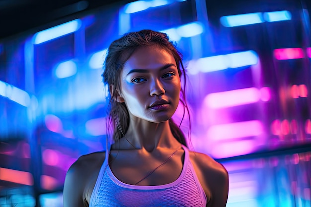A rotina de exercícios de uma jovem banhada no brilho vibrante das luzes de néon que lançam um jogo dinâmico de cores em seu rosto e corpo