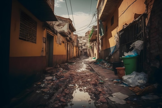 A rua de trás da cidade do gueto com lixo sujo e casas residenciais pobres a rede neural gerou arte