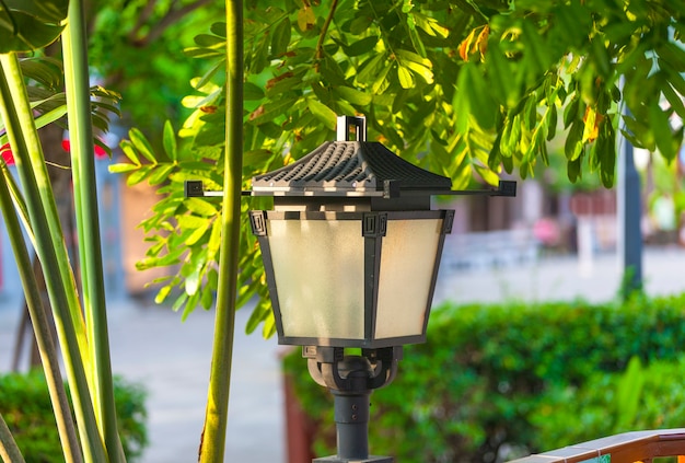 Foto a rua forjou lanternas de metal em uma casa bem cuidada com grama verde e flores.