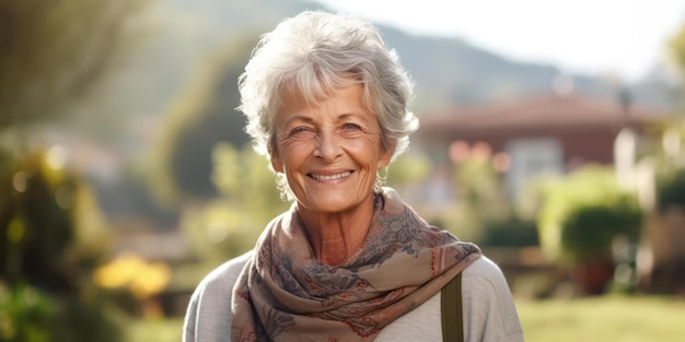 A sabedoria e o prazer no sorriso de uma mulher idosa são evidentes