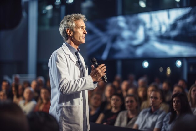 Foto a sabedoria revelada um discurso perspicaz de médicos maduros no palco de uma conferência entusiasma a audiência